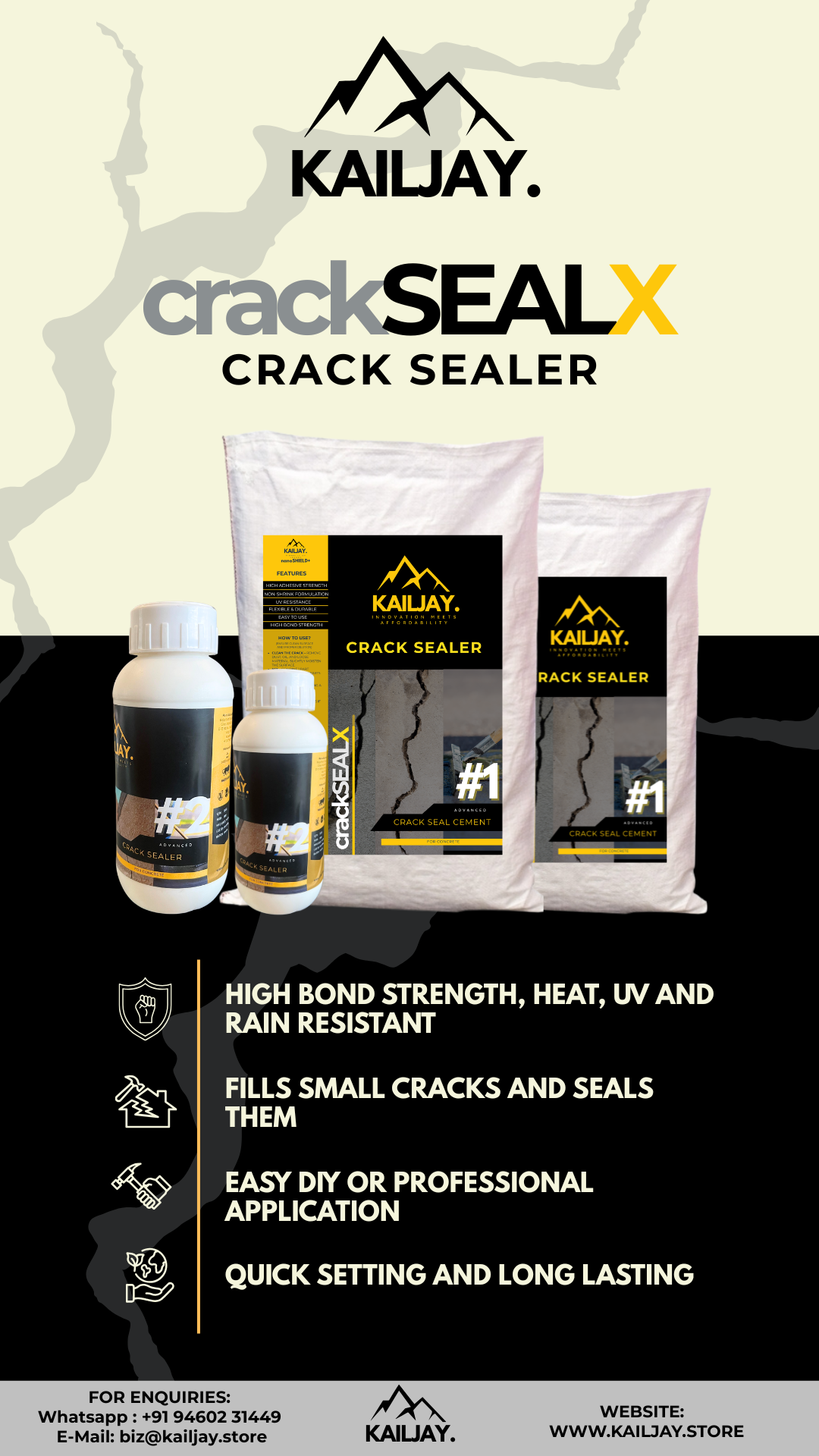 KailJay Crack SealX | Instant Crack Filler | Ready-to-Use Flexible Sealant for Walls, Roofs & Terraces | UV Resistant | For Interior & Exterior